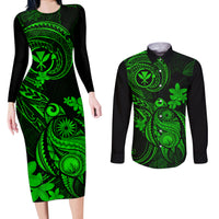 hawaii-couples-matching-long-sleeve-bodycon-dress-and-long-sleeve-button-shirts-turtle-mix-polynesian-plumeria-green-version