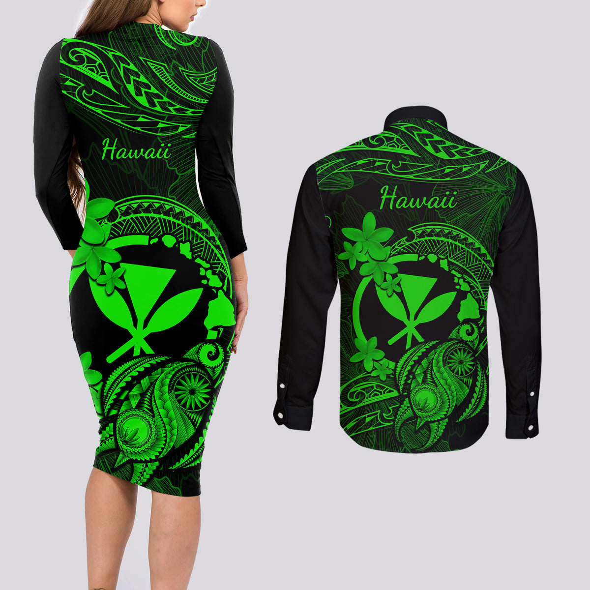 hawaii-couples-matching-long-sleeve-bodycon-dress-and-long-sleeve-button-shirts-turtle-mix-polynesian-plumeria-green-version