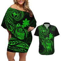 Hawaii Couples Matching Off Shoulder Short Dress and Hawaiian Shirt Turtle Mix Polynesian Plumeria Green Version LT14 Green - Polynesian Pride