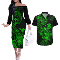 hawaii-couples-matching-off-the-shoulder-long-sleeve-dress-and-hawaiian-shirt-turtle-mix-polynesian-plumeria-green-version