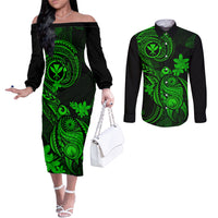 hawaii-couples-matching-off-the-shoulder-long-sleeve-dress-and-long-sleeve-button-shirts-turtle-mix-polynesian-plumeria-green-version