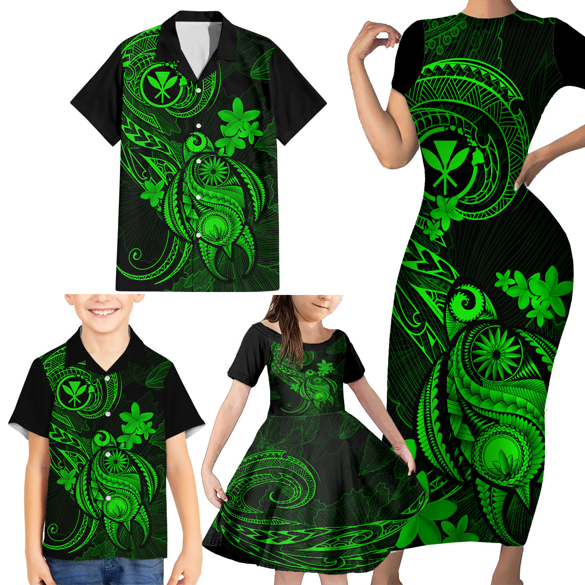 hawaii-family-matching-short-sleeve-bodycon-dress-and-hawaiian-shirt-turtle-mix-polynesian-plumeria-green-version
