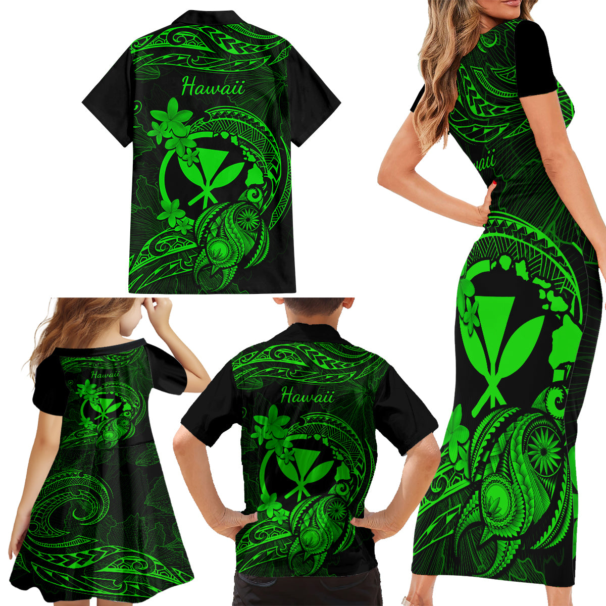 hawaii-family-matching-short-sleeve-bodycon-dress-and-hawaiian-shirt-turtle-mix-polynesian-plumeria-green-version