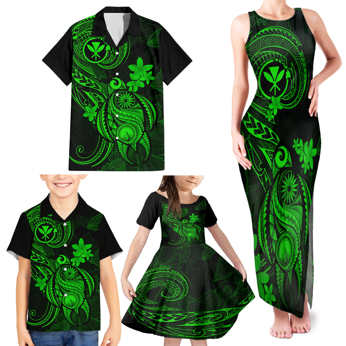Hawaii Family Matching Tank Maxi Dress and Hawaiian Shirt Turtle Mix Polynesian Plumeria Green Version LT14 - Polynesian Pride