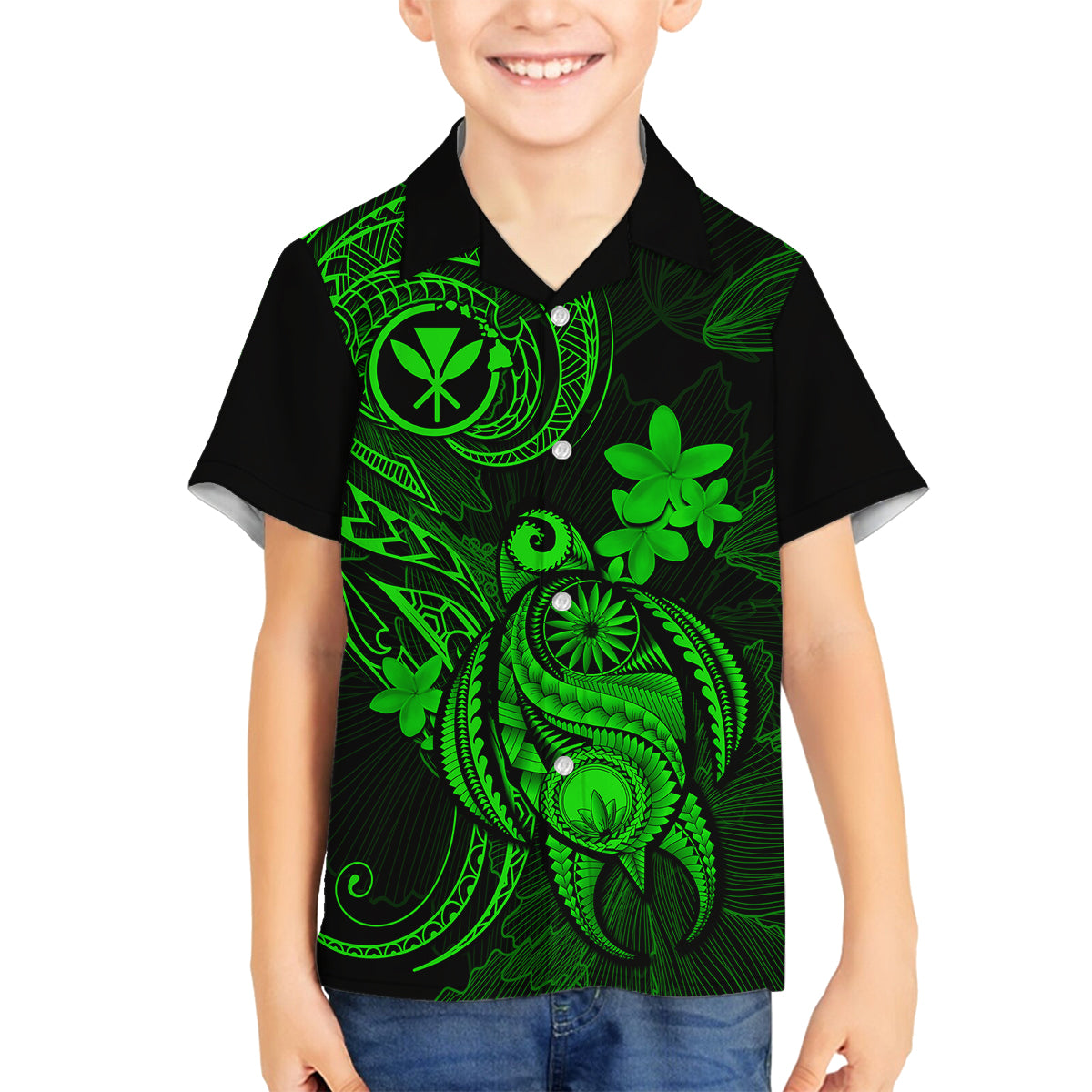 Hawaii Kid Hawaiian Shirt Turtle Mix Polynesian Plumeria Green Version LT14 - Polynesian Pride