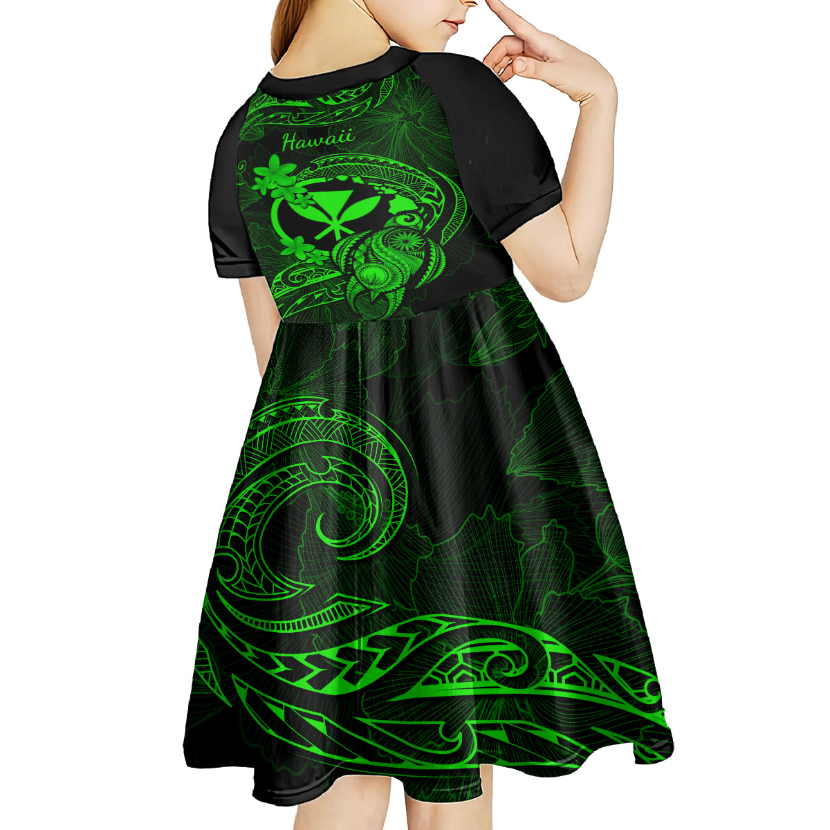 hawaii-kid-short-sleeve-dress-turtle-mix-polynesian-plumeria-green-version