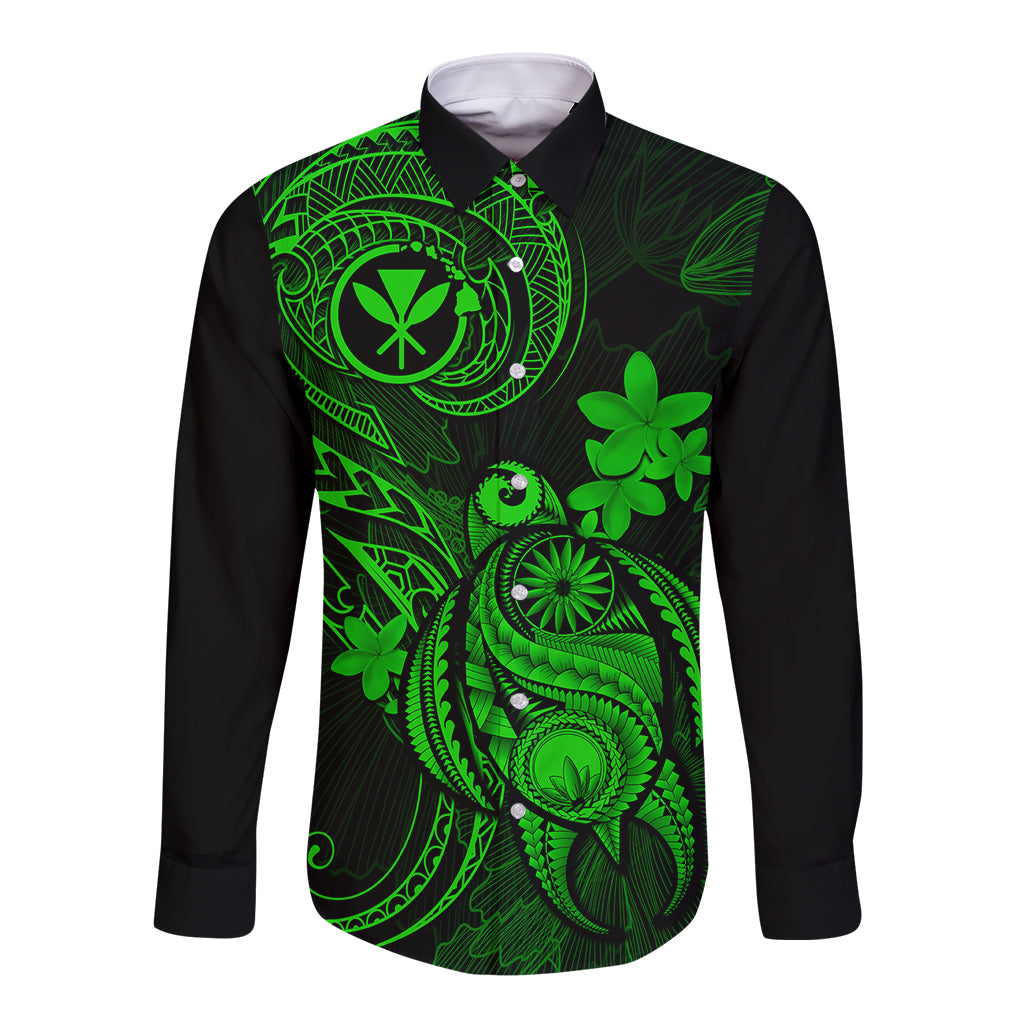 Hawaii Long Sleeve Button Shirt Turtle Mix Polynesian Plumeria Green Version LT14 Unisex Green - Polynesian Pride