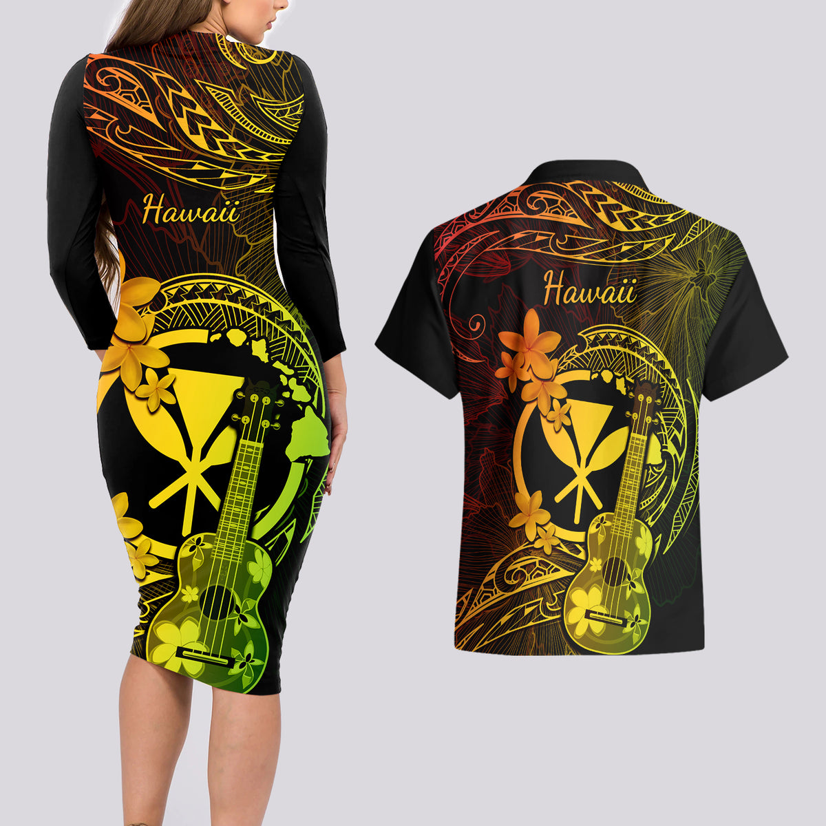 hawaii-couples-matching-long-sleeve-bodycon-dress-and-hawaiian-shirt-ukulele-mix-polynesian-plumeria-reggae-version