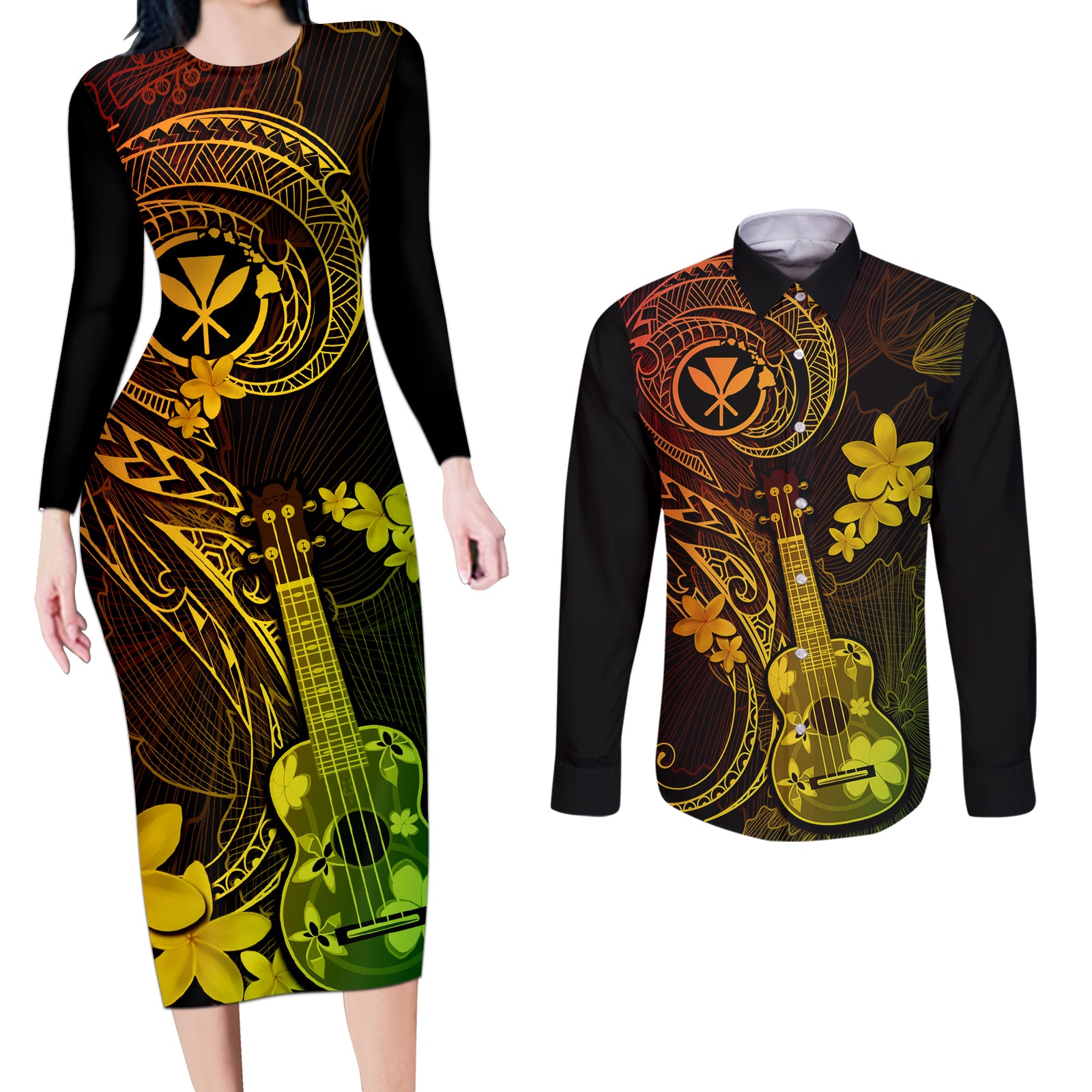Hawaii Couples Matching Long Sleeve Bodycon Dress and Long Sleeve Button Shirts Ukulele Mix Polynesian Plumeria Reggae Version LT14 Reggae - Polynesian Pride