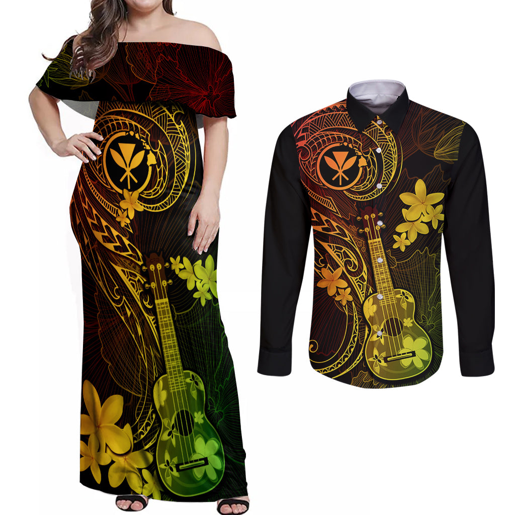 Hawaii Couples Matching Off Shoulder Maxi Dress and Long Sleeve Button Shirts Ukulele Mix Polynesian Plumeria Reggae Version LT14 Reggae - Polynesian Pride