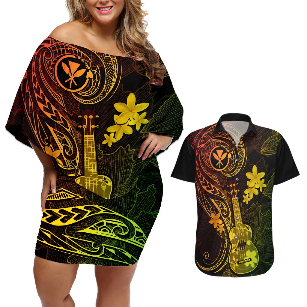 Hawaii Couples Matching Off Shoulder Short Dress and Hawaiian Shirt Ukulele Mix Polynesian Plumeria Reggae Version LT14 Reggae - Polynesian Pride