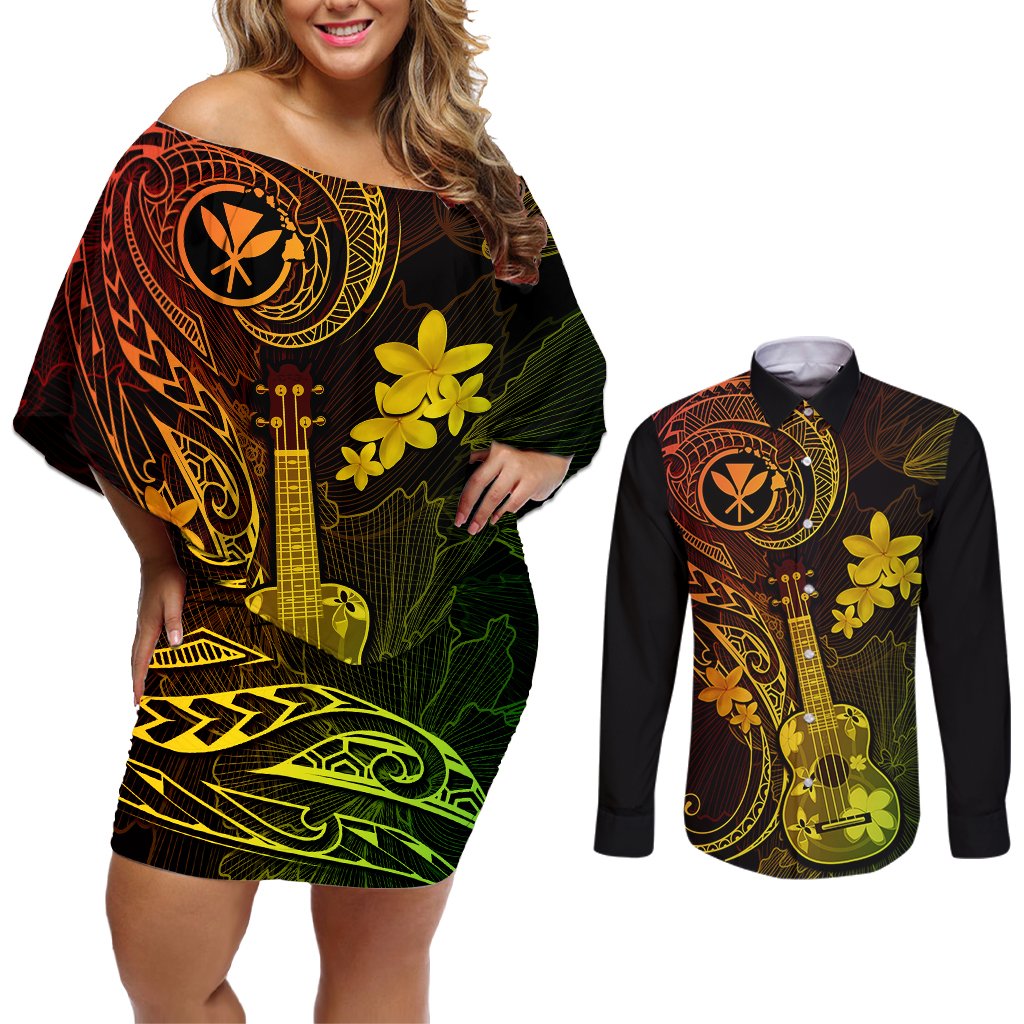 Hawaii Couples Matching Off Shoulder Short Dress and Long Sleeve Button Shirts Ukulele Mix Polynesian Plumeria Reggae Version LT14 Reggae - Polynesian Pride