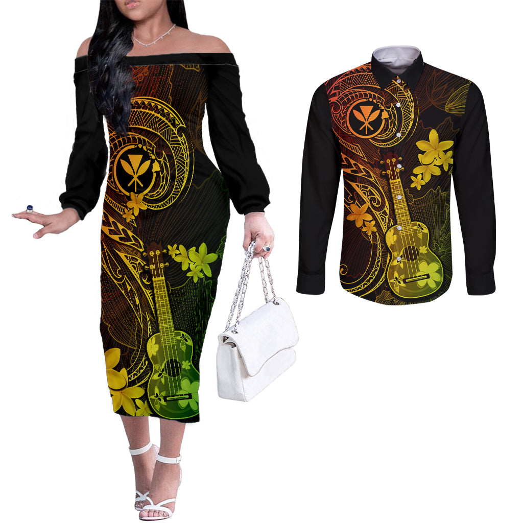 Hawaii Couples Matching Off The Shoulder Long Sleeve Dress and Long Sleeve Button Shirts Ukulele Mix Polynesian Plumeria Reggae Version LT14 Reggae - Polynesian Pride