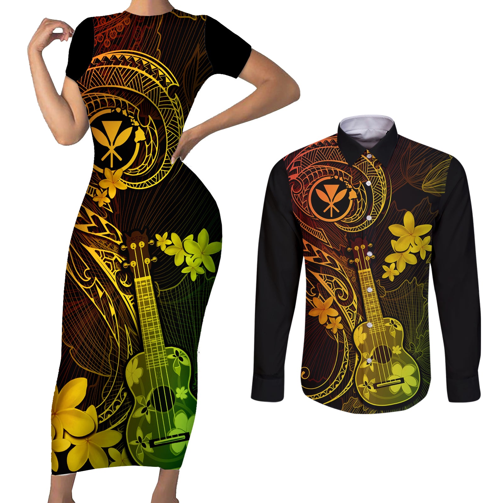 Hawaii Couples Matching Short Sleeve Bodycon Dress and Long Sleeve Button Shirts Ukulele Mix Polynesian Plumeria Reggae Version LT14 Reggae - Polynesian Pride