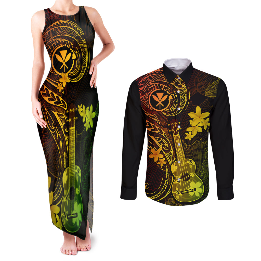 Hawaii Couples Matching Tank Maxi Dress and Long Sleeve Button Shirts Ukulele Mix Polynesian Plumeria Reggae Version LT14 Reggae - Polynesian Pride