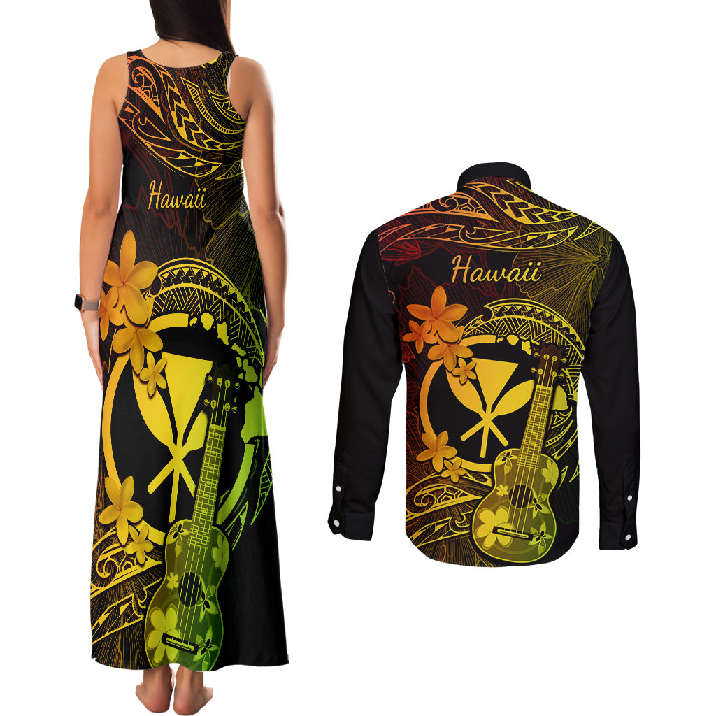 hawaii-couples-matching-tank-maxi-dress-and-long-sleeve-button-shirts-ukulele-mix-polynesian-plumeria-reggae-version
