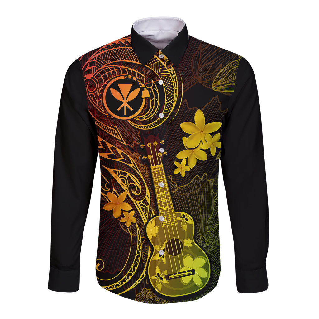 Hawaii Long Sleeve Button Shirt Ukulele Mix Polynesian Plumeria Reggae Version LT14 Unisex Reggae - Polynesian Pride