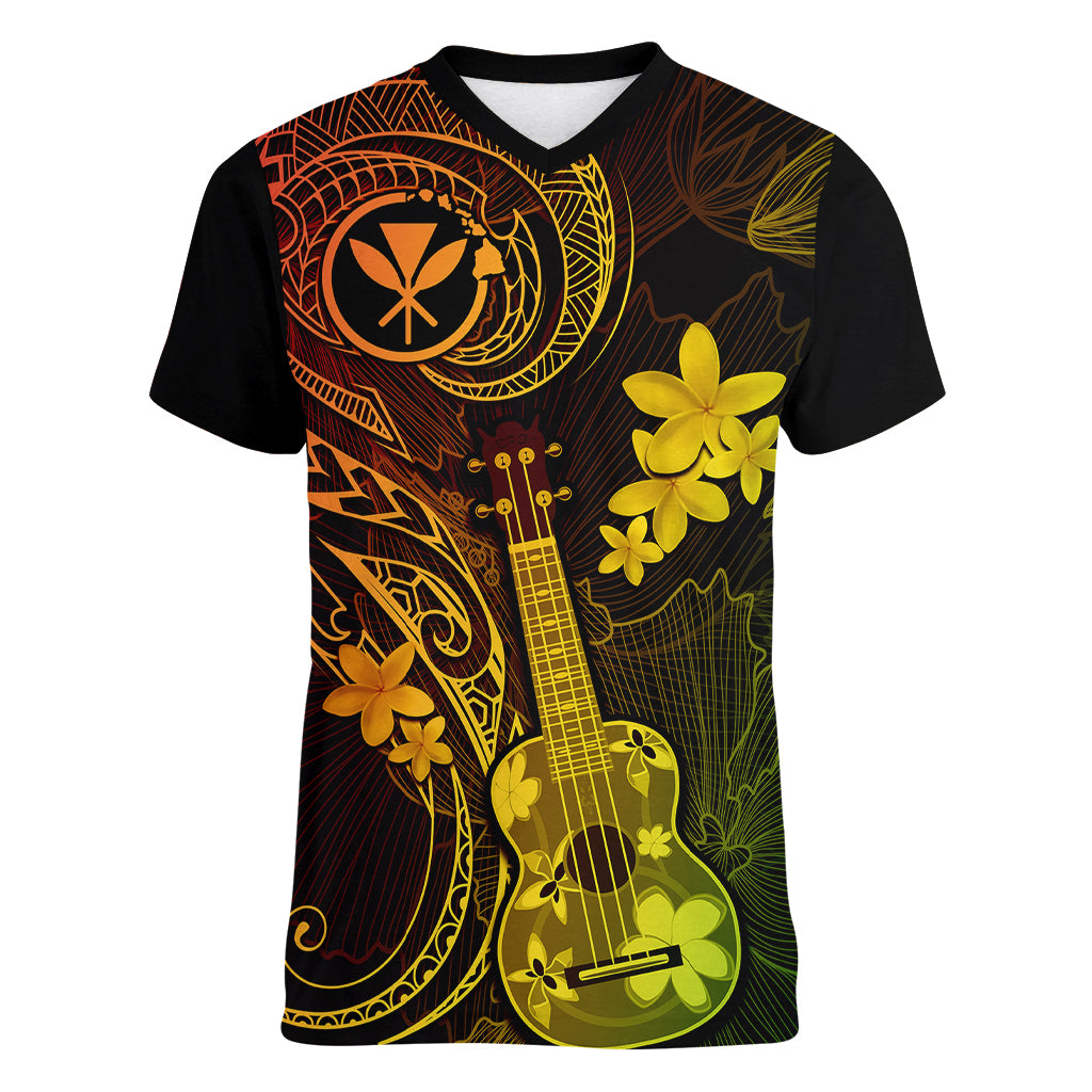 hawaii-women-v-neck-t-shirt-ukulele-mix-polynesian-plumeria-reggae-version