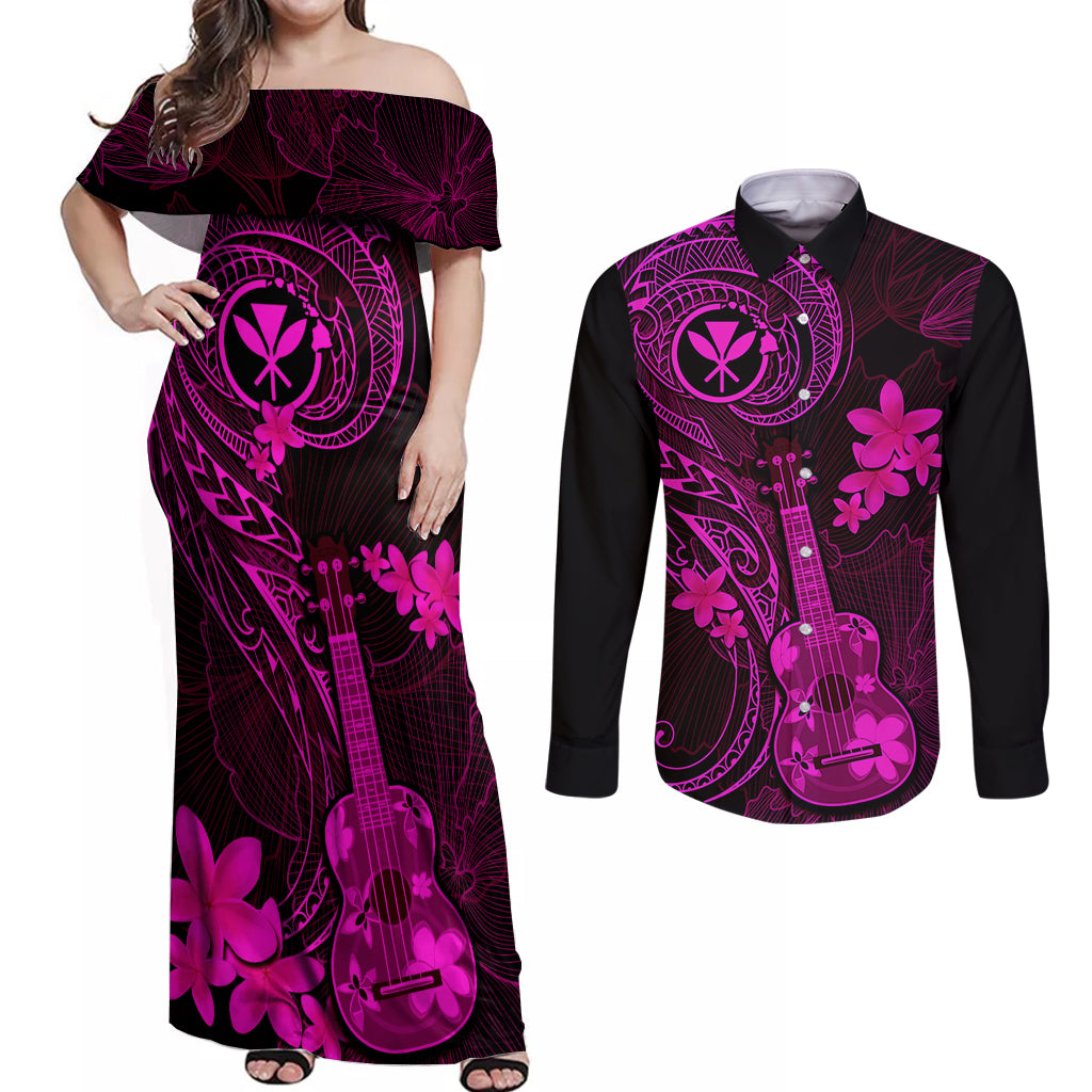 Hawaii Couples Matching Off Shoulder Maxi Dress and Long Sleeve Button Shirts Ukulele Mix Polynesian Plumeria Pink Version LT14 Pink - Polynesian Pride