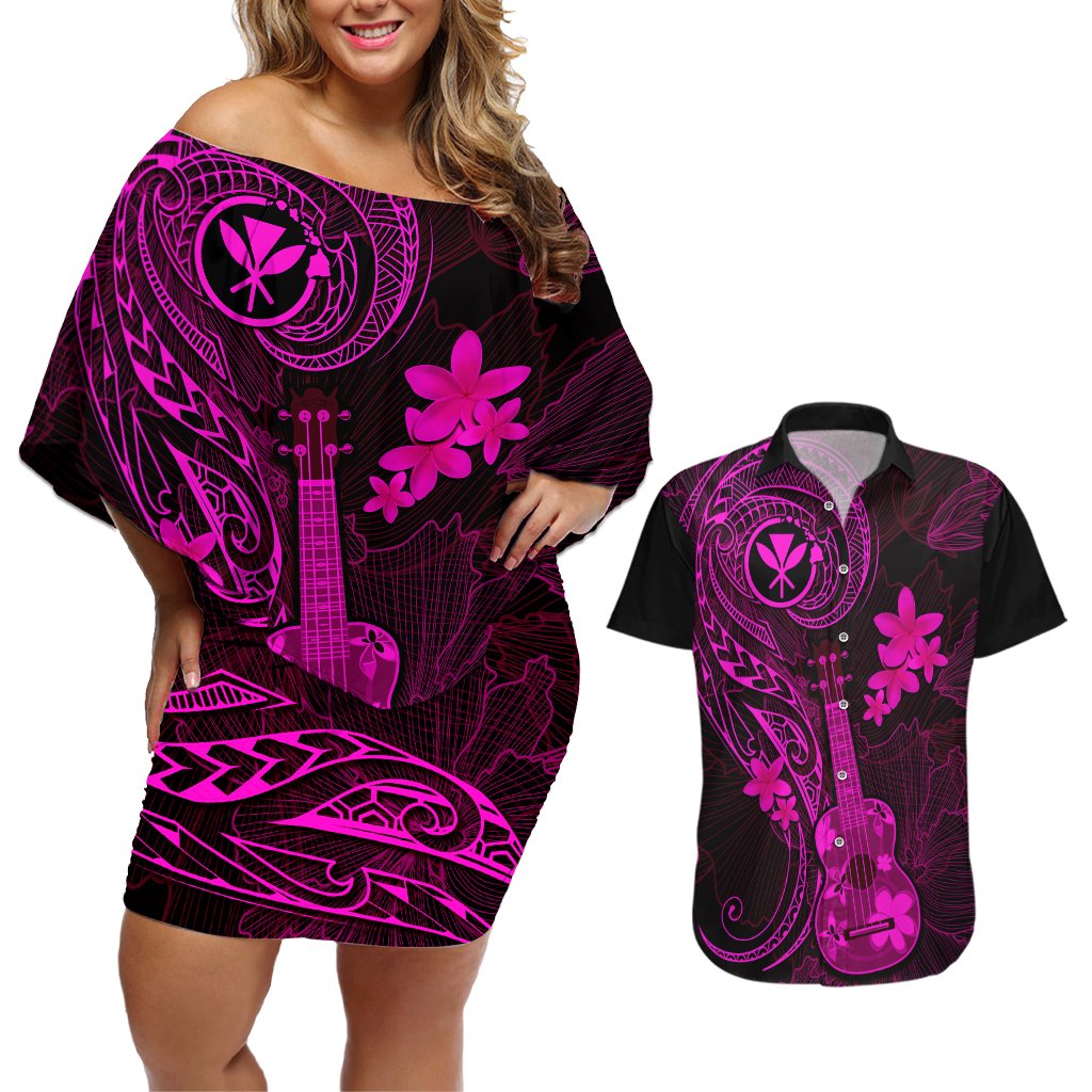 Hawaii Couples Matching Off Shoulder Short Dress and Hawaiian Shirt Ukulele Mix Polynesian Plumeria Pink Version LT14 Pink - Polynesian Pride