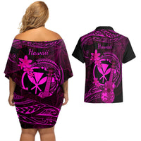 hawaii-couples-matching-off-shoulder-short-dress-and-hawaiian-shirt-ukulele-mix-polynesian-plumeria-pink-version
