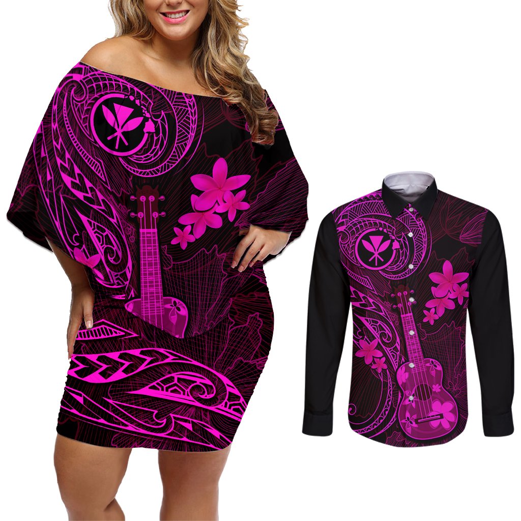 Hawaii Couples Matching Off Shoulder Short Dress and Long Sleeve Button Shirts Ukulele Mix Polynesian Plumeria Pink Version LT14 Pink - Polynesian Pride