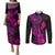 hawaii-couples-matching-puletasi-dress-and-long-sleeve-button-shirts-ukulele-mix-polynesian-plumeria-pink-version