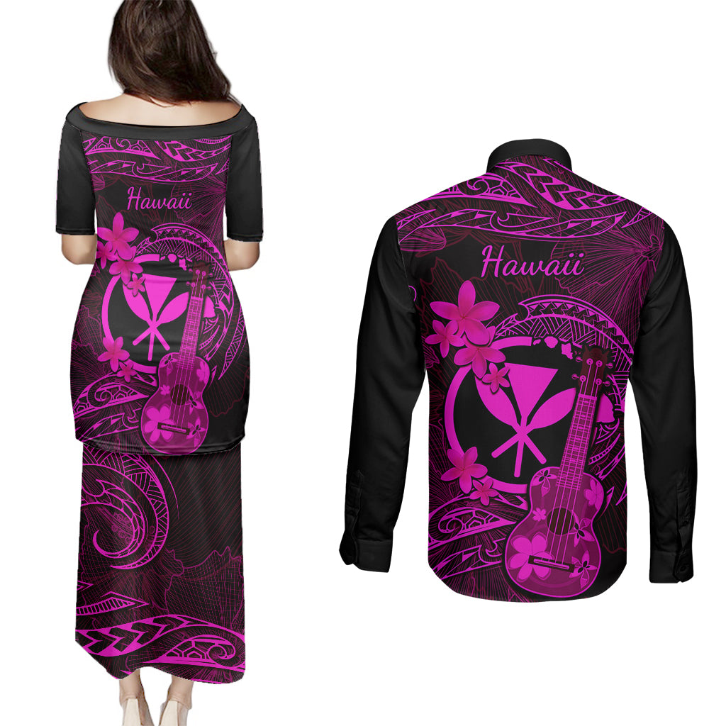 hawaii-couples-matching-puletasi-dress-and-long-sleeve-button-shirts-ukulele-mix-polynesian-plumeria-pink-version