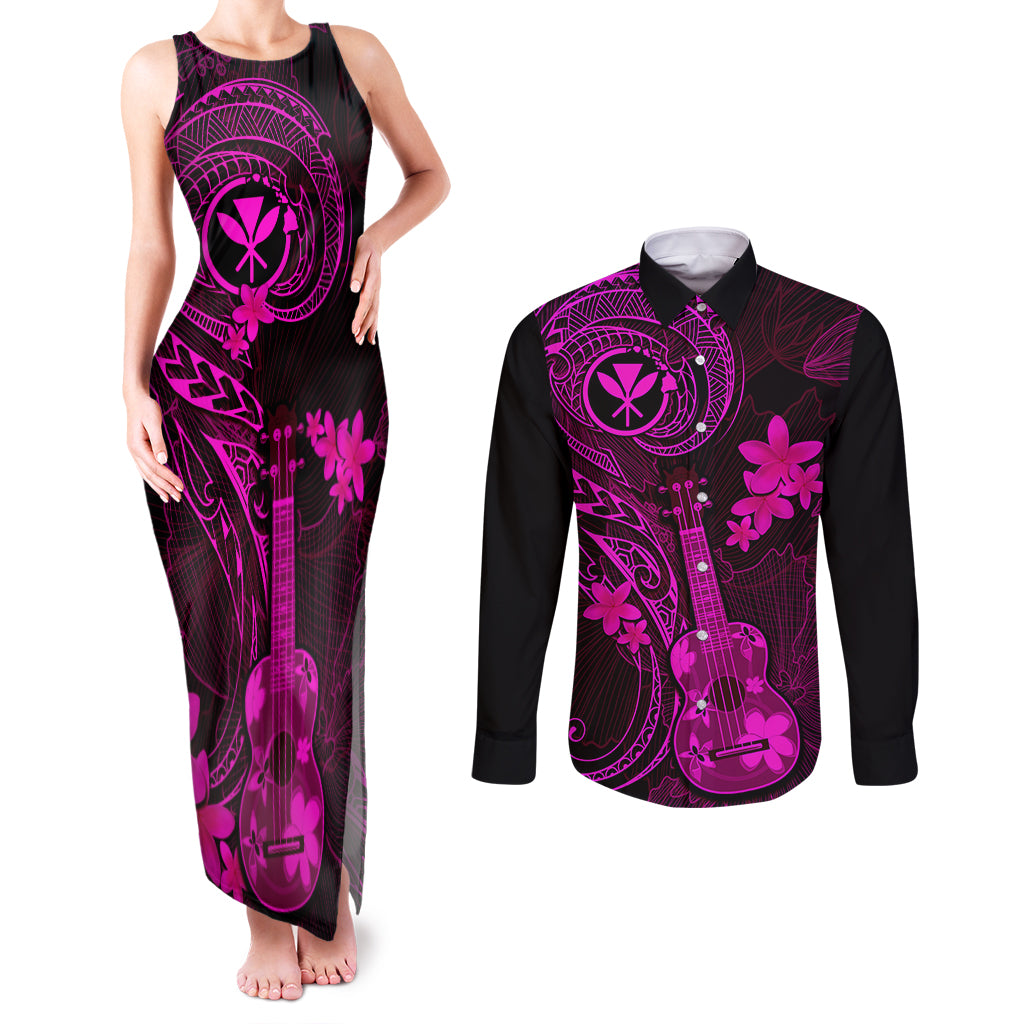Hawaii Couples Matching Tank Maxi Dress and Long Sleeve Button Shirts Ukulele Mix Polynesian Plumeria Pink Version LT14 Pink - Polynesian Pride