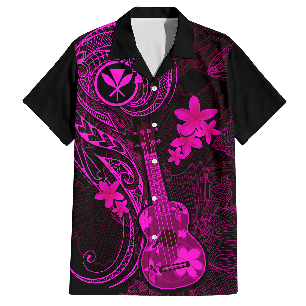 hawaii-family-matching-off-shoulder-long-sleeve-dress-and-hawaiian-shirt-ukulele-mix-polynesian-plumeria-pink-version