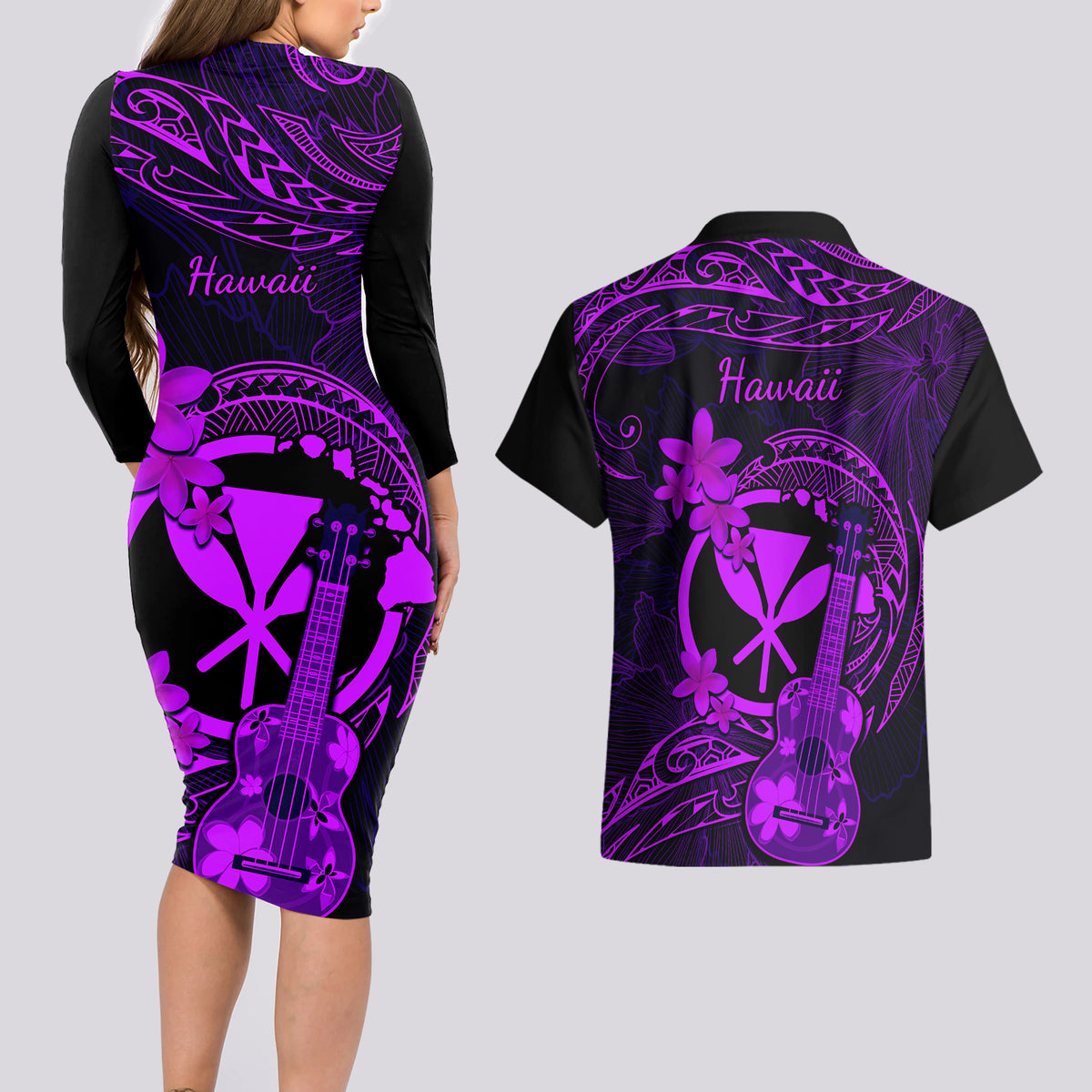hawaii-couples-matching-long-sleeve-bodycon-dress-and-hawaiian-shirt-ukulele-mix-polynesian-plumeria-purple-version