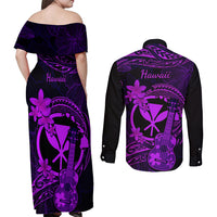 hawaii-couples-matching-off-shoulder-maxi-dress-and-long-sleeve-button-shirts-ukulele-mix-polynesian-plumeria-purple-version