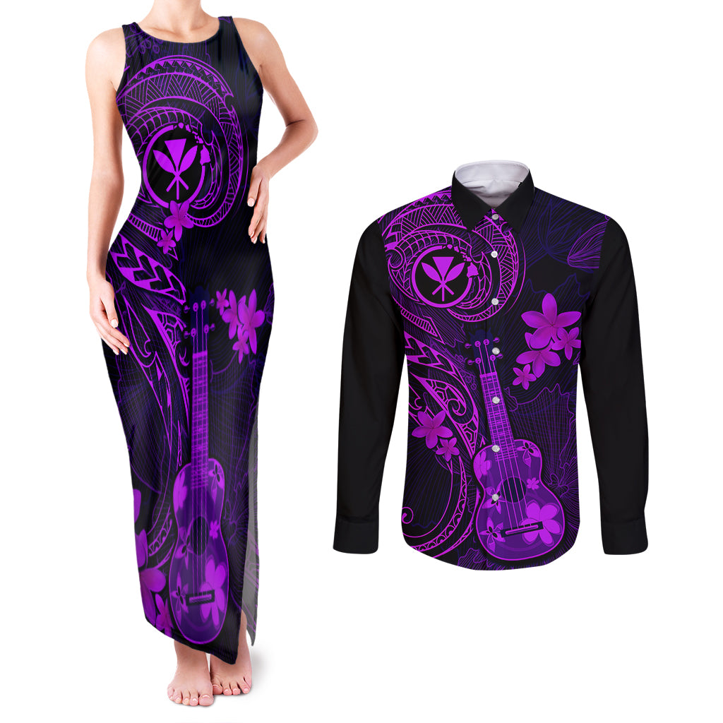 Hawaii Couples Matching Tank Maxi Dress and Long Sleeve Button Shirts Ukulele Mix Polynesian Plumeria Purple Version LT14 Purple - Polynesian Pride