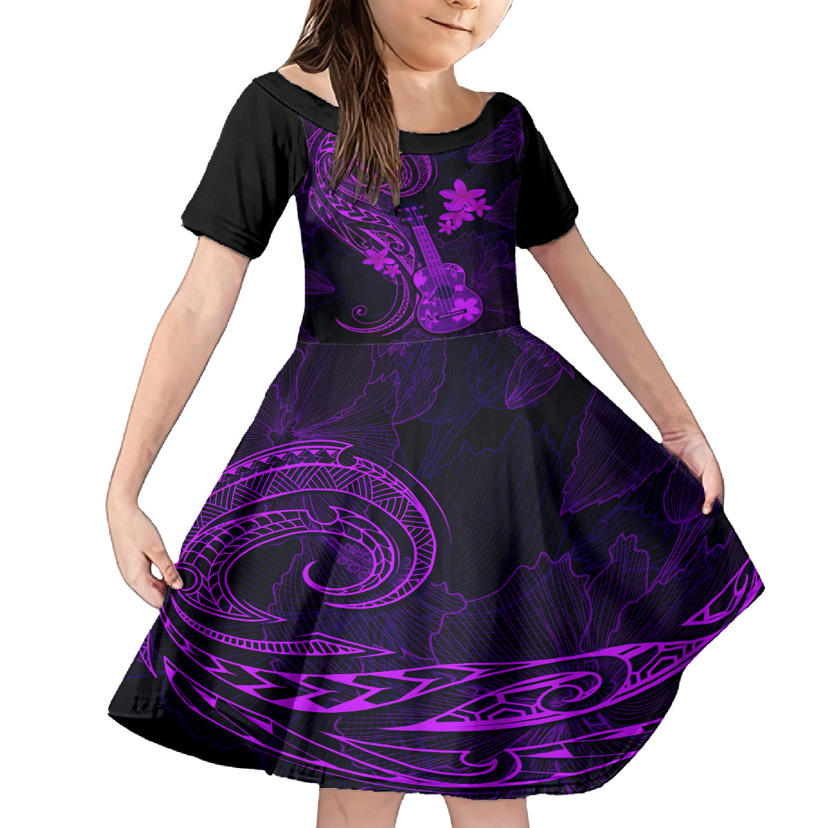 hawaii-family-matching-off-shoulder-long-sleeve-dress-and-hawaiian-shirt-ukulele-mix-polynesian-plumeria-purple-version