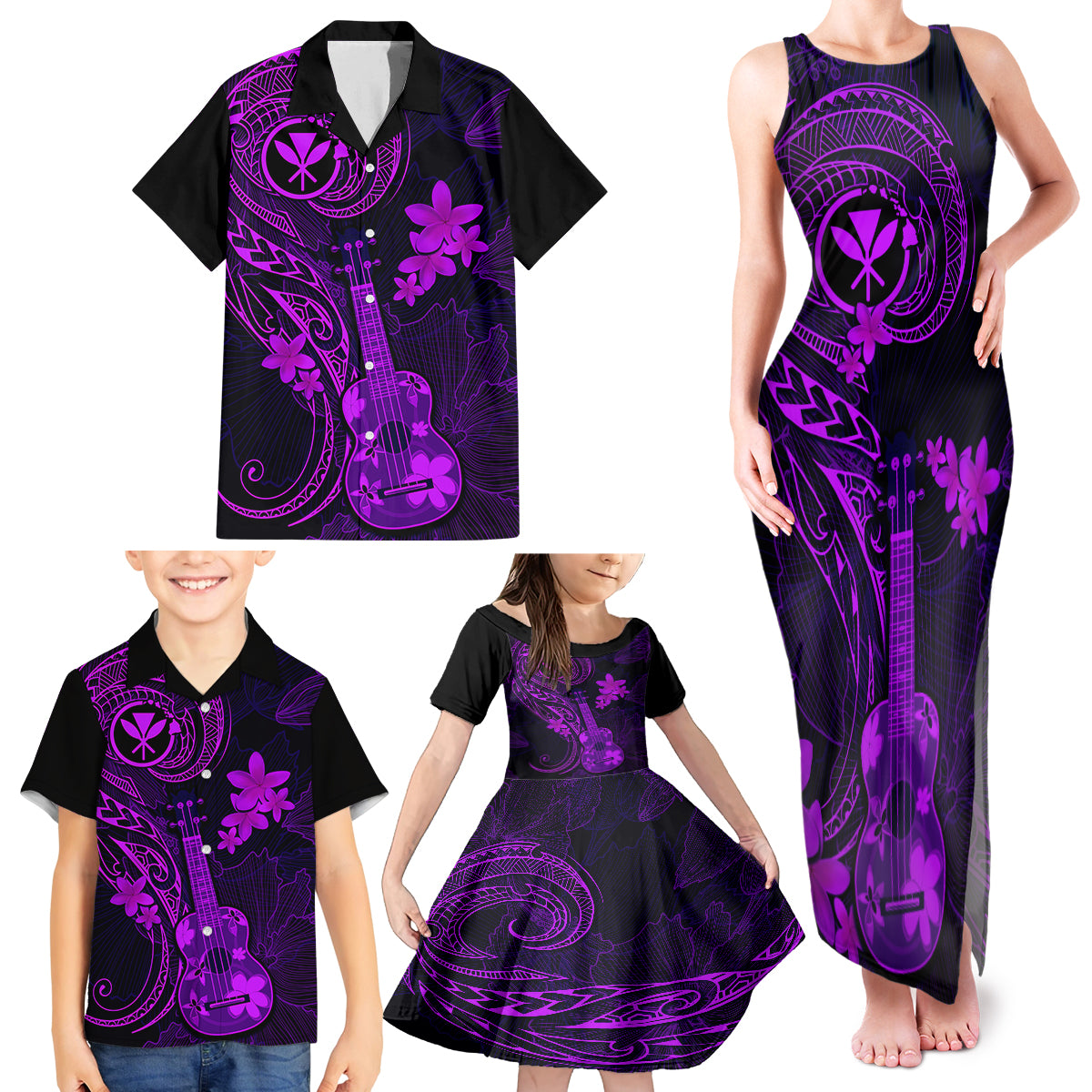 hawaii-family-matching-tank-maxi-dress-and-hawaiian-shirt-ukulele-mix-polynesian-plumeria-purple-version