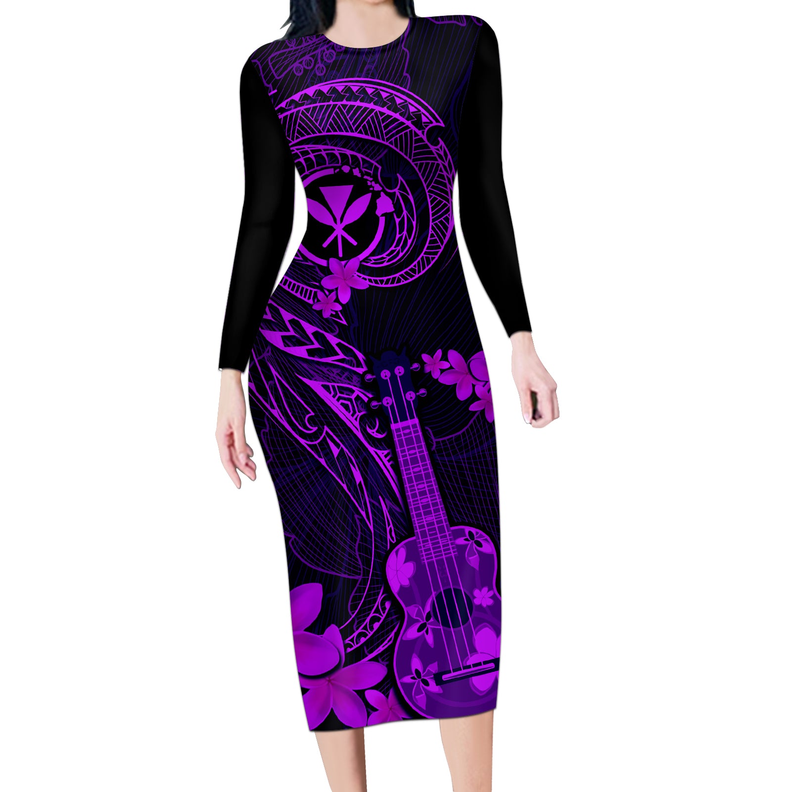 Hawaii Long Sleeve Bodycon Dress Ukulele Mix Polynesian Plumeria Purpl