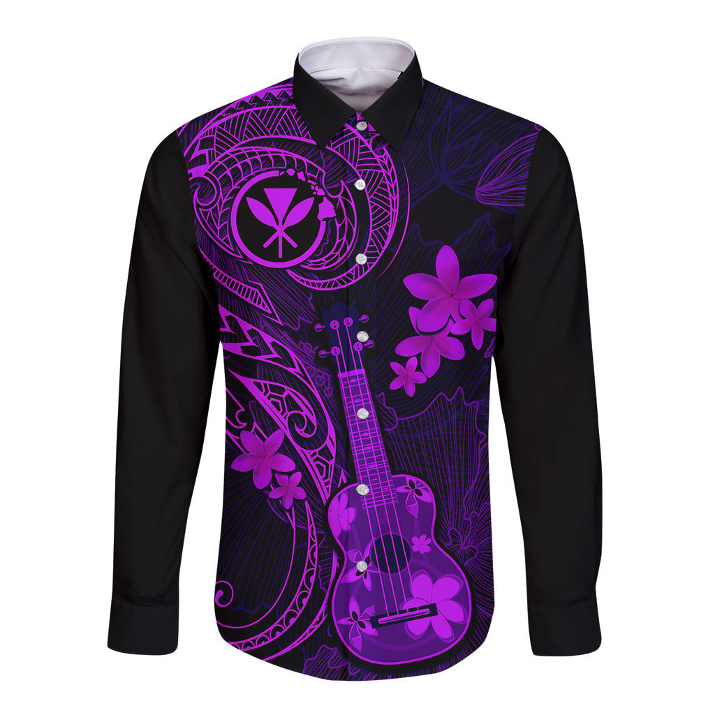 Hawaii Long Sleeve Button Shirt Ukulele Mix Polynesian Plumeria Purple Version LT14 Unisex Purple - Polynesian Pride