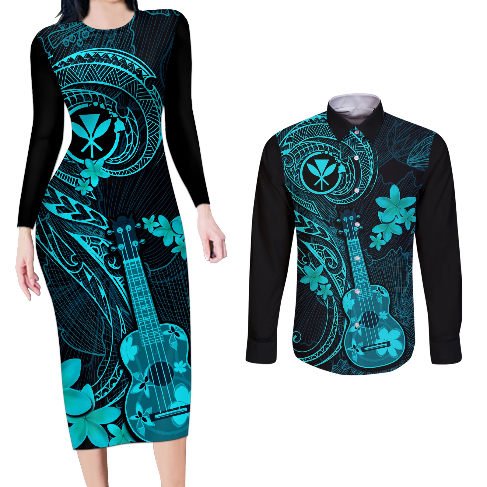 Hawaii Couples Matching Long Sleeve Bodycon Dress and Long Sleeve Button Shirts Ukulele Mix Polynesian Plumeria Turquoise Version LT14 Turquoise - Polynesian Pride