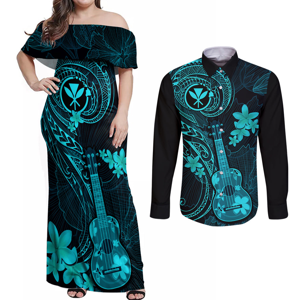 Hawaii Couples Matching Off Shoulder Maxi Dress and Long Sleeve Button Shirts Ukulele Mix Polynesian Plumeria Turquoise Version LT14 Turquoise - Polynesian Pride