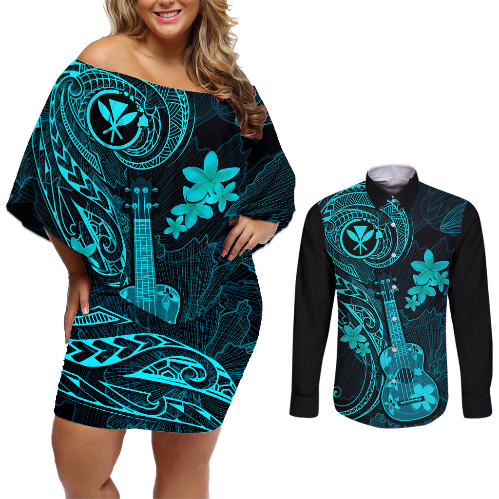 hawaii-couples-matching-off-shoulder-short-dress-and-long-sleeve-button-shirts-ukulele-mix-polynesian-plumeria-turquoise-version