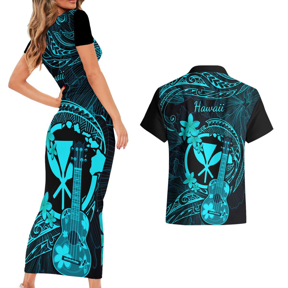 hawaii-couples-matching-short-sleeve-bodycon-dress-and-hawaiian-shirt-ukulele-mix-polynesian-plumeria-turquoise-version