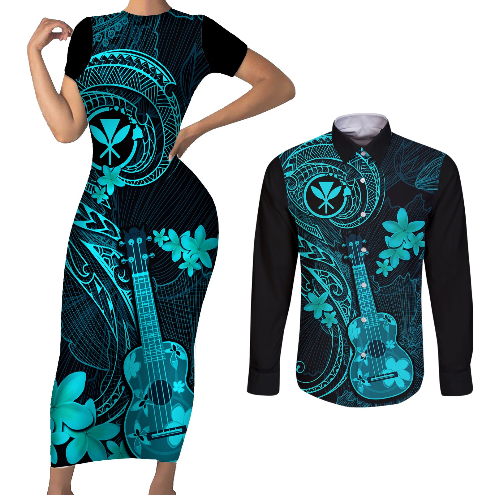 Hawaii Couples Matching Short Sleeve Bodycon Dress and Long Sleeve Button Shirts Ukulele Mix Polynesian Plumeria Turquoise Version LT14 Turquoise - Polynesian Pride