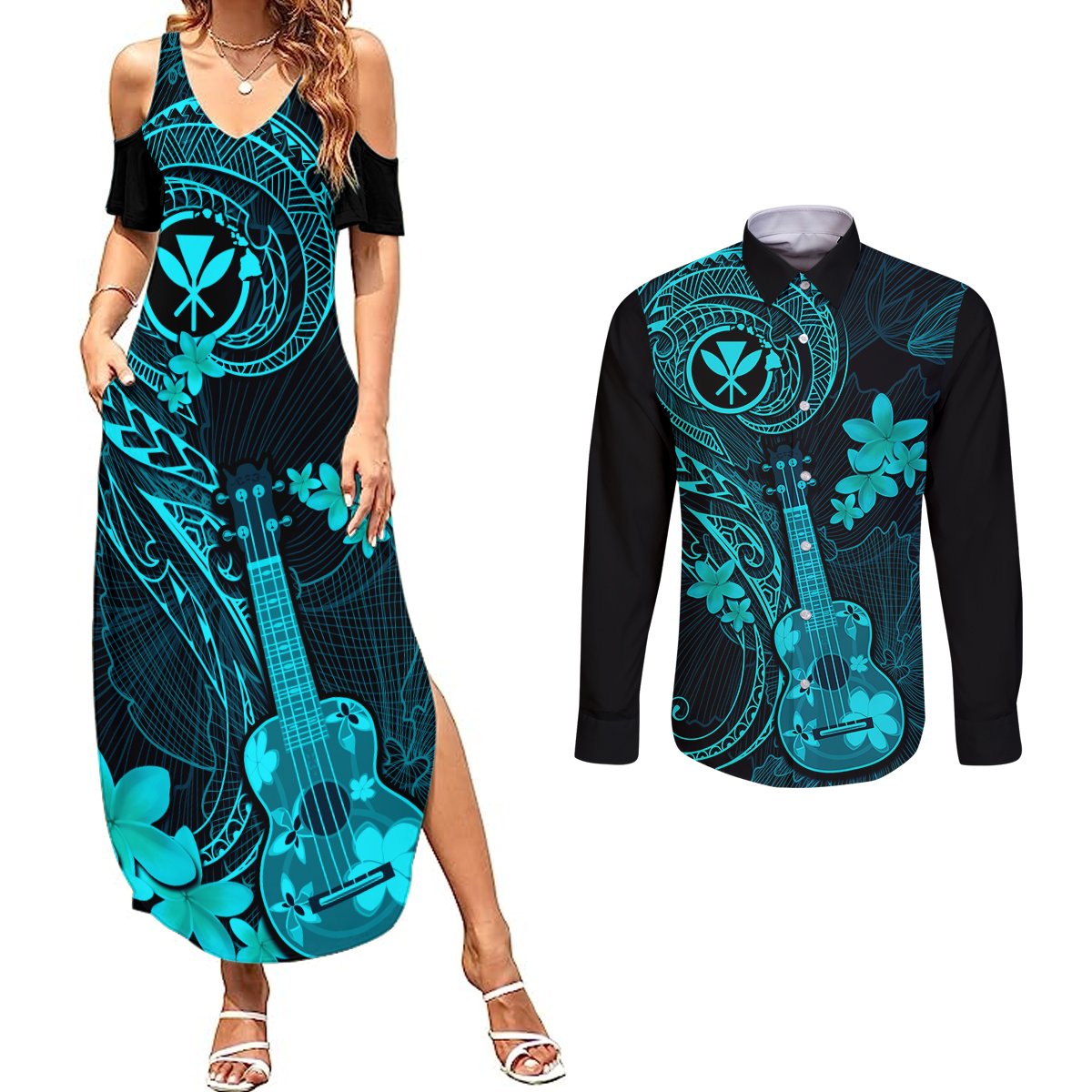 Hawaii Couples Matching Summer Maxi Dress and Long Sleeve Button Shirts Ukulele Mix Polynesian Plumeria Turquoise Version LT14 Turquoise - Polynesian Pride
