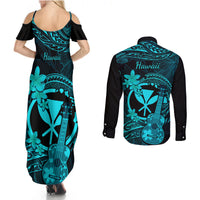 hawaii-couples-matching-summer-maxi-dress-and-long-sleeve-button-shirts-ukulele-mix-polynesian-plumeria-turquoise-version