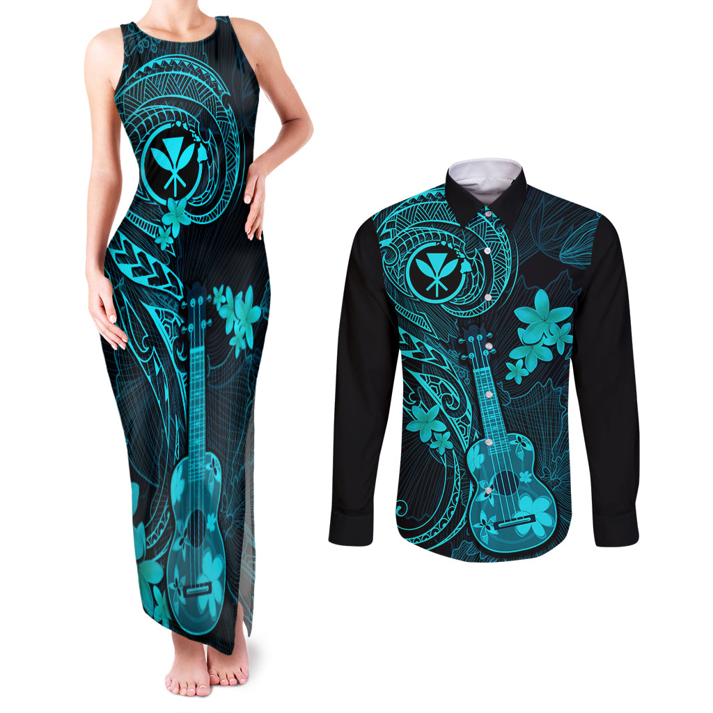 Hawaii Couples Matching Tank Maxi Dress and Long Sleeve Button Shirts Ukulele Mix Polynesian Plumeria Turquoise Version LT14 Turquoise - Polynesian Pride