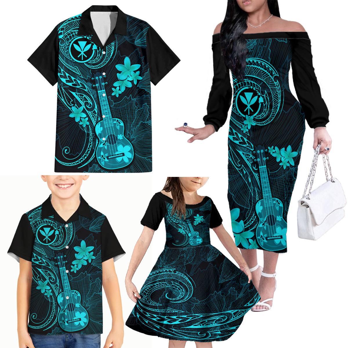 hawaii-family-matching-off-shoulder-long-sleeve-dress-and-hawaiian-shirt-ukulele-mix-polynesian-plumeria-turquoise-version