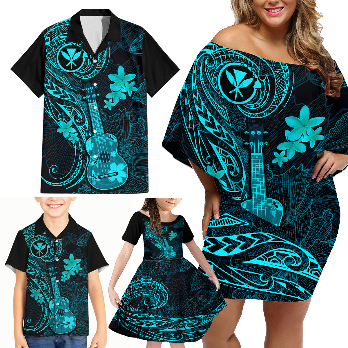 hawaii-family-matching-off-shoulder-short-dress-and-hawaiian-shirt-ukulele-mix-polynesian-plumeria-turquoise-version