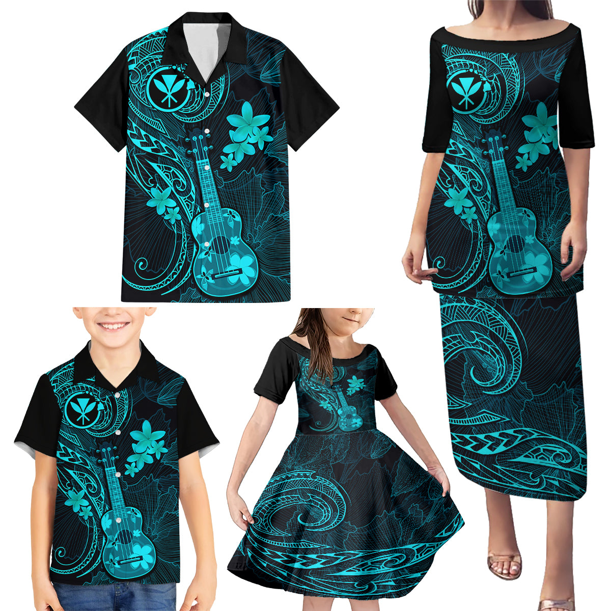 Hawaii Family Matching Puletasi Dress and Hawaiian Shirt Ukulele Mix Polynesian Plumeria Turquoise Version LT14 - Polynesian Pride