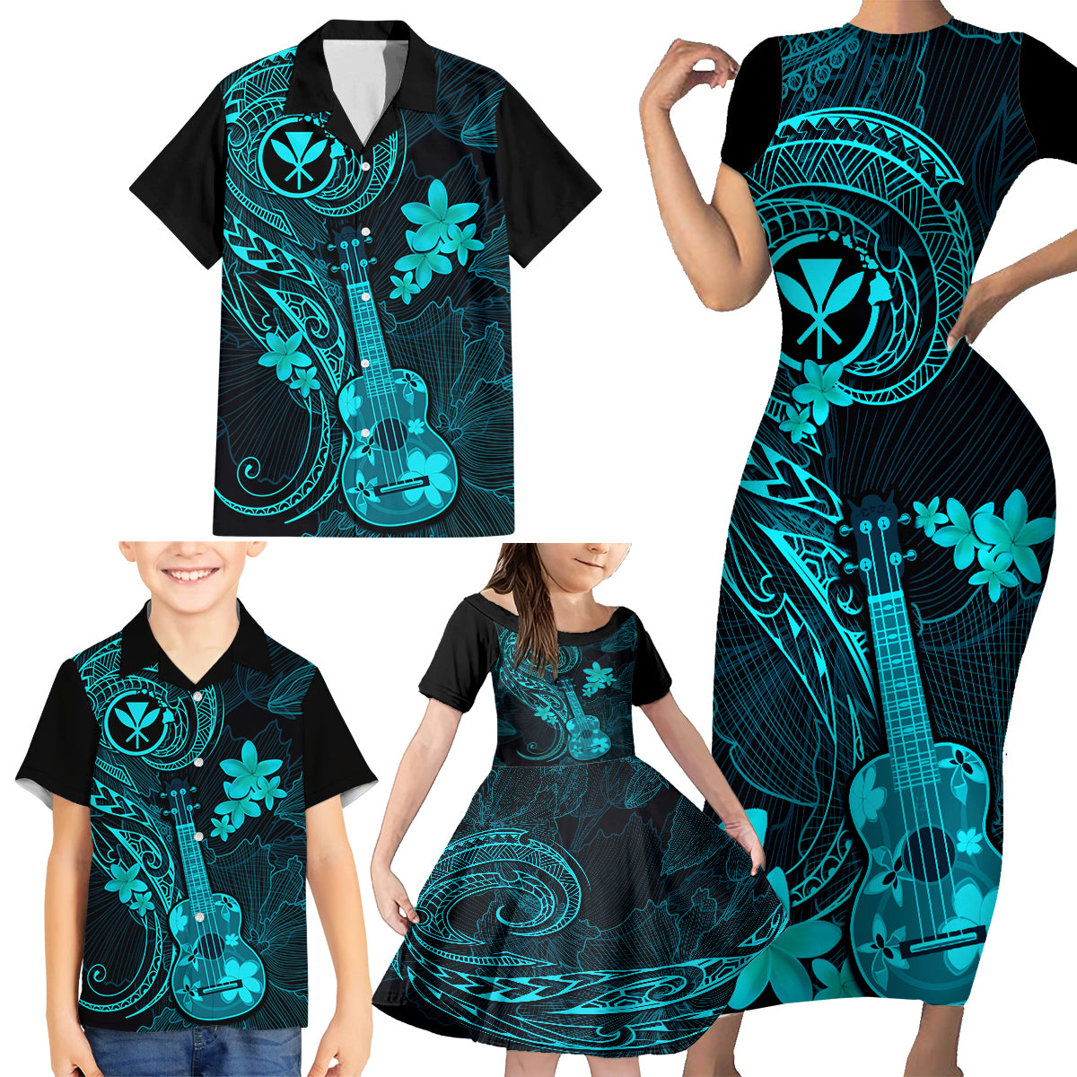 hawaii-family-matching-short-sleeve-bodycon-dress-and-hawaiian-shirt-ukulele-mix-polynesian-plumeria-turquoise-version