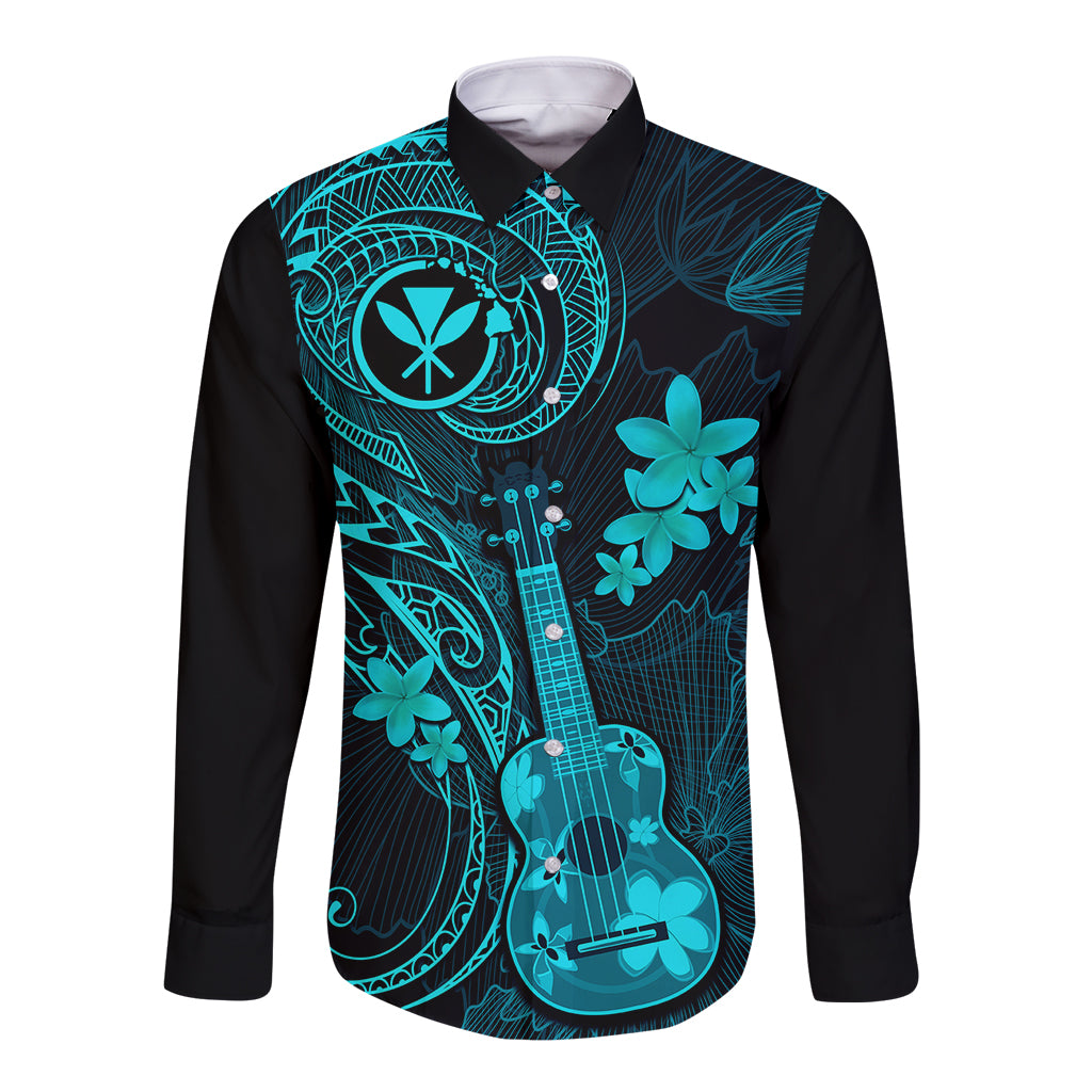 Hawaii Long Sleeve Button Shirt Ukulele Mix Polynesian Plumeria Turquoise Version LT14 Unisex Turquoise - Polynesian Pride
